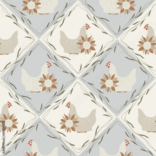Retro chickens with sunflowers and leaves - vector seamless pattern. Checkered  farming wallpaper background in vintage style. 