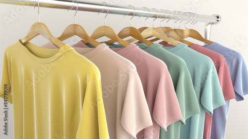 A pastel-themed collection of T-shirts hanging in a row on a metallic clothing rod in a minimalist and serene setting. © VK Studio