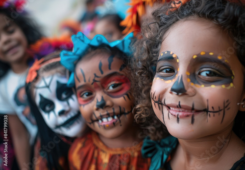 Closeup of children in Halloween costumes, showcasing playful and colorful face painting designs at an event for kids during the spooky season.