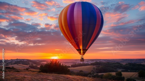 A colorful hot air balloon floating peacefully above a scenic landscape at sunset