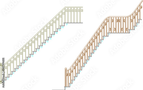 Vector silhouette illustration sketch of traditional ethnic vintage classic old wooden stair railing design
