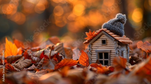 A wooden house with leaves and an adorable knitted hat on top, autumn colors, surrounded by fallen orange leaves, blurred background, bokeh effect, Home Heating Systems concept. photo