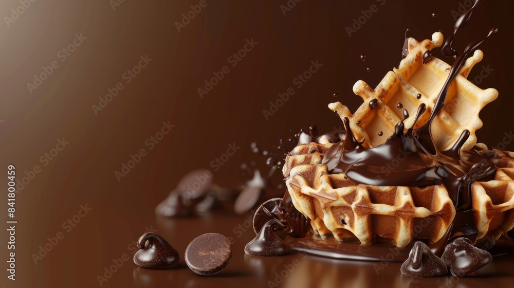 Fototapeta premium realistic crispy waffle with splash of melted chocolate isolated on brown background. Wafer with cacao cream filling, sweet crunchy dessert. for ads