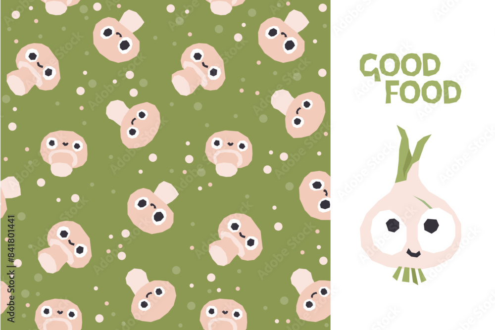 Obraz premium Vegetables collection of seamless champignon mushrooms patterns with onion and lettering. For printing fabric and paper. Vector cartoon childish background with cute smiling vegetables characters. 