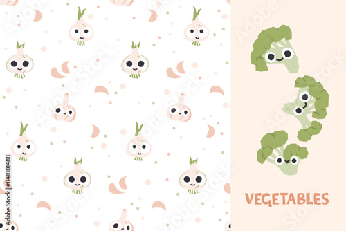 Vegetables collection of seamless broccoli patterns with onion, garlic and lettering. For printing fabric and paper. Vector cartoon childish background with cute smiling vegetables characters. 