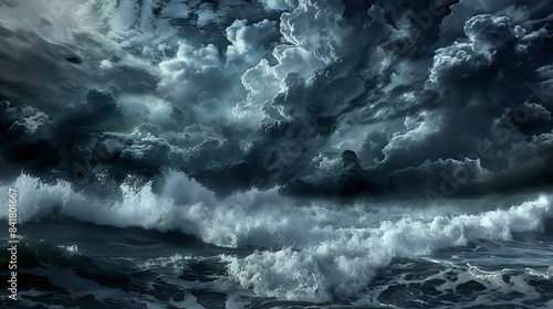 a dramatic scene of a stormy sky meeting the ocean waves. The clouds are dark and ominous, suggesting an impending storm. The ocean waves are white and frothy © Pik_Lover