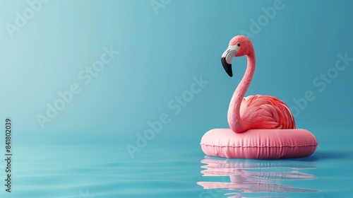 A pink flamingo is floating on a pink inflatable pool. The image has a playful and whimsical mood, as the flamingo is not a real animal but a toy. The blue background adds a sense of calmness photo