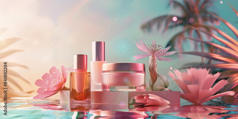 a set of luxury cosmetics located on a podium in sea water in soft pink tones on a summer background with tropical leaves and flowers, a creative banner for the presentation of a cosmetic product, pro a set of luxury cosmetics located on a podium in sea water in soft pink tones on a summer background with tropical leaves and flowers, a creative banner for the presentation of a cosmetic product, pro