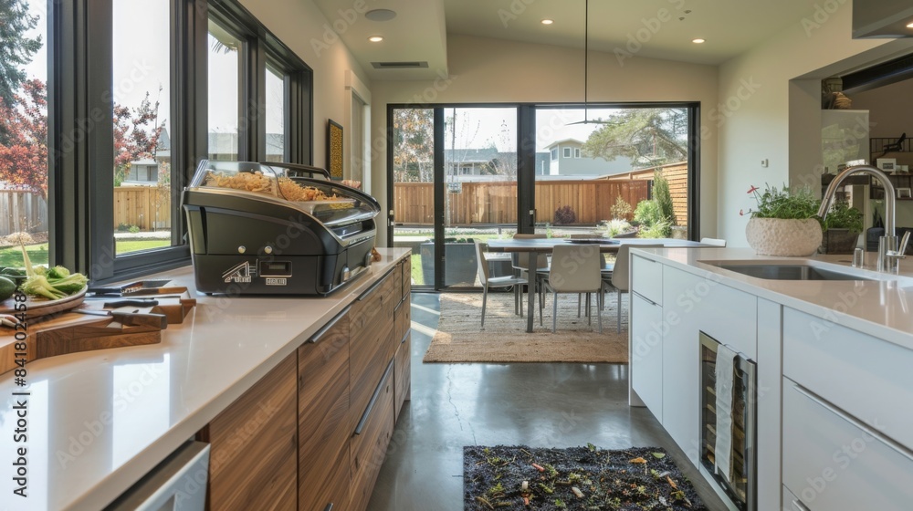 Fototapeta premium A sleek, eco-friendly kitchen with an automated composting unit processing food scraps, showcasing modern design in a contemporary home, emphasizing sustainability. 