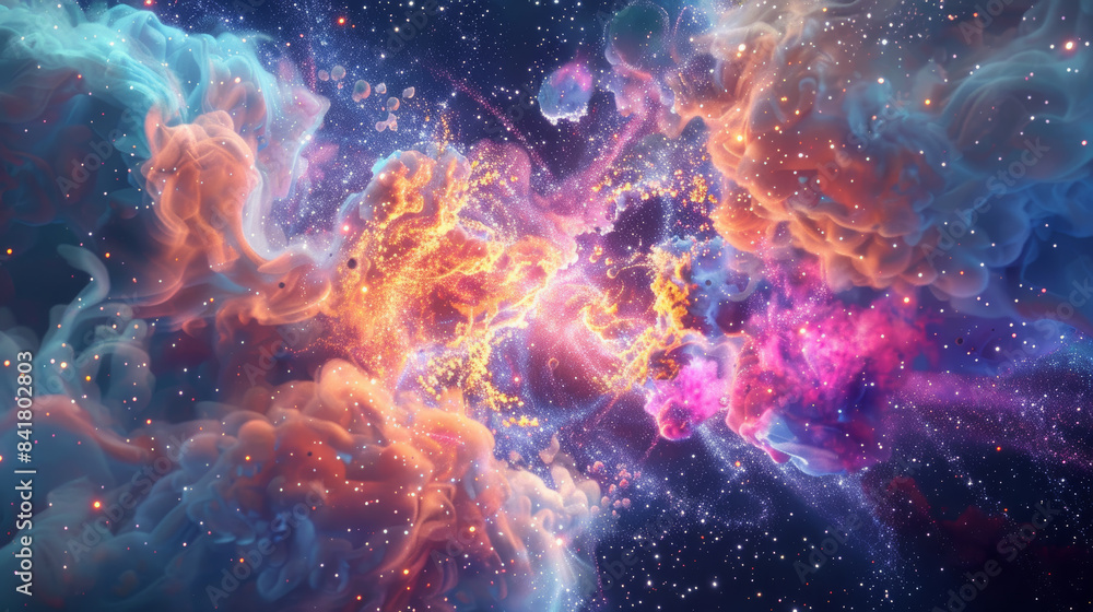 A mesmerizing explosion of cosmic clouds in pastel hues, featuring swirling pinks, blues, and oranges amidst a backdrop of twinkling stars. A mesmerizing explosion of cosmic clouds in pastel hues, featuring swirling pinks, blues, and oranges amidst a backdrop of twinkling stars.