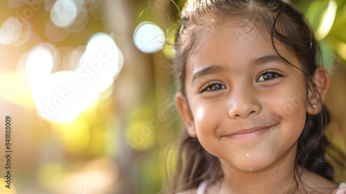 A charming young girl smiles softly in a glowing  sun-dappled setting  evoking a sense of pure childhood bliss.