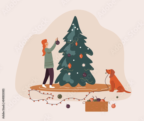 A happy young woman and dog is decorating a Christmas tree with Christmas toys. Winter holidays and traditions.  Christmas and New Year Vector Flat Illustration