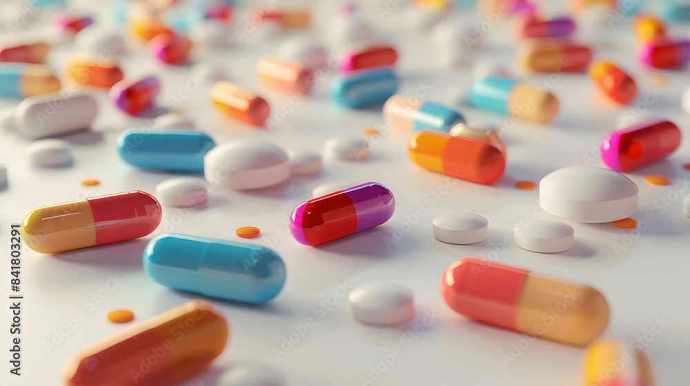 Colorful capsules and tablets scattered on a white surface, showcasing various shapes and vibrant hues. Colorful capsules and tablets scattered on a white surface, showcasing various shapes and vibrant hues.