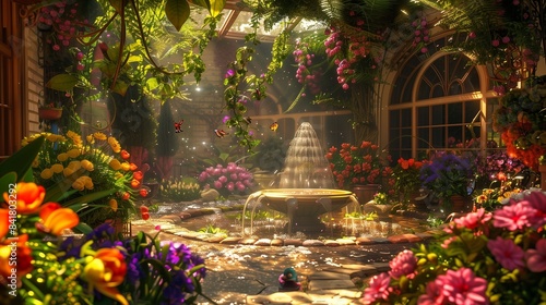 A cozy, sunlit garden with vibrant flowers, a trickling fountain, and birds chirping melodiously