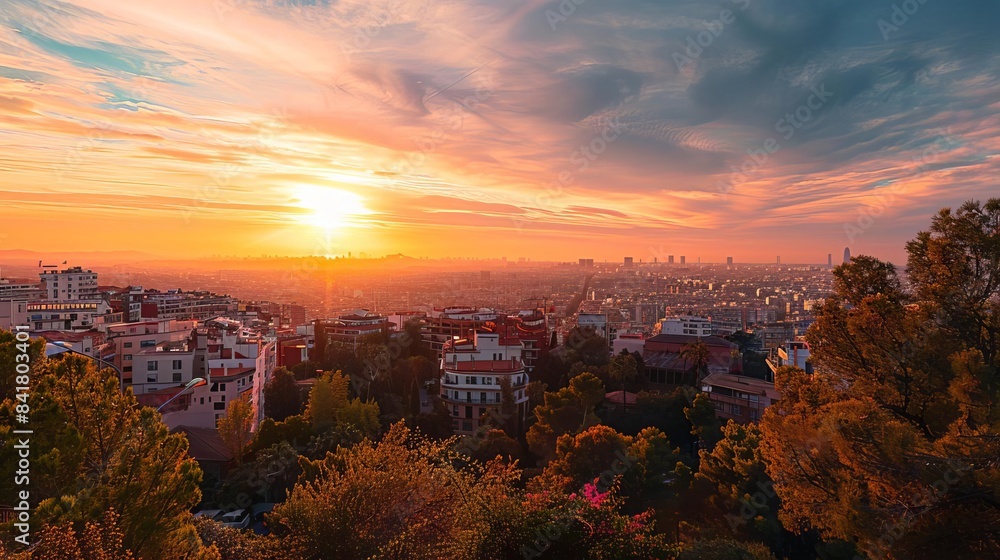 Fototapeta premium golden hour glow sun descends on vibrant cityscape painting skies in warm hues of enchantment