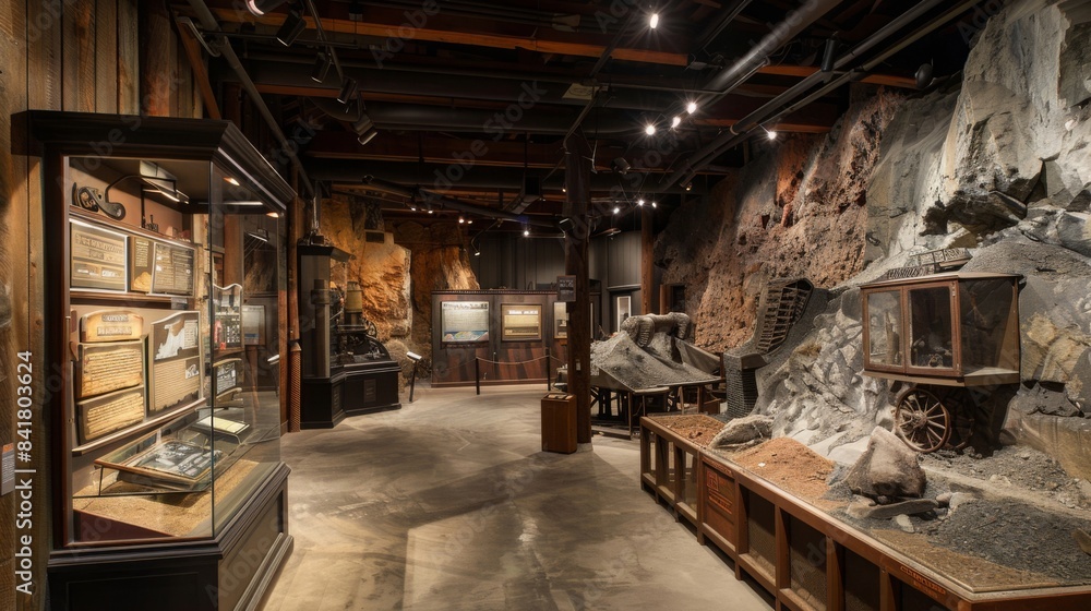 featuring artifacts and exhibits in a mining museum, with historical photographs and interactive displays, emphasizing the rich history of mining 