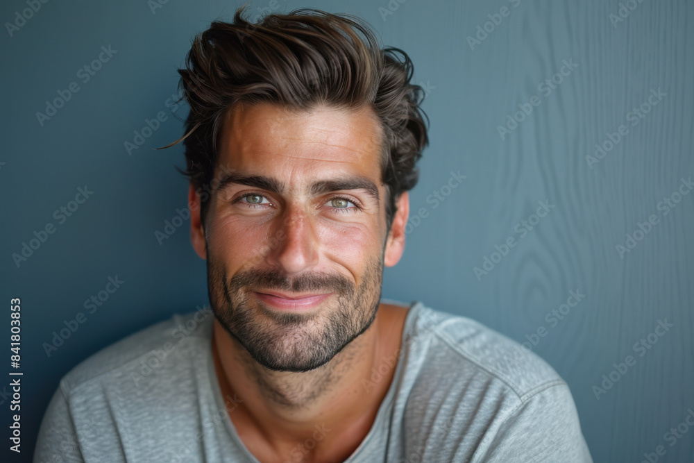 A close up portrait of a young man with a subtle smile A close up portrait of a young man with a subtle smile