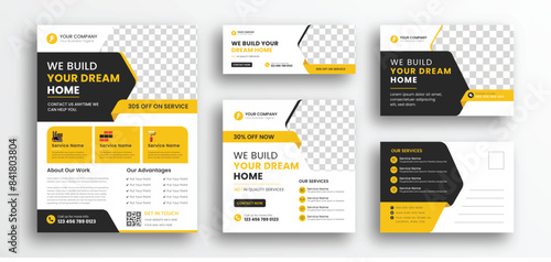 Construction marketing collateral set. Included Construction flyer design, Social media banner design, web banner design, post card design. Print template layout design vector.