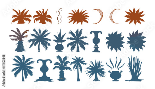 Summer palms, tropical hand drawn illustrations, palm trees boho elements, architectural elements, vector logo and print design, exotic landscapes, beach vibes, botanical graphics.