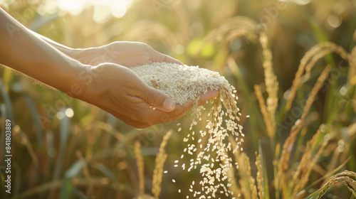 Hands gently pour grains of rice in a lush paddy field, highlighting the essence of agricultural abundance and the beauty of rural life. photo