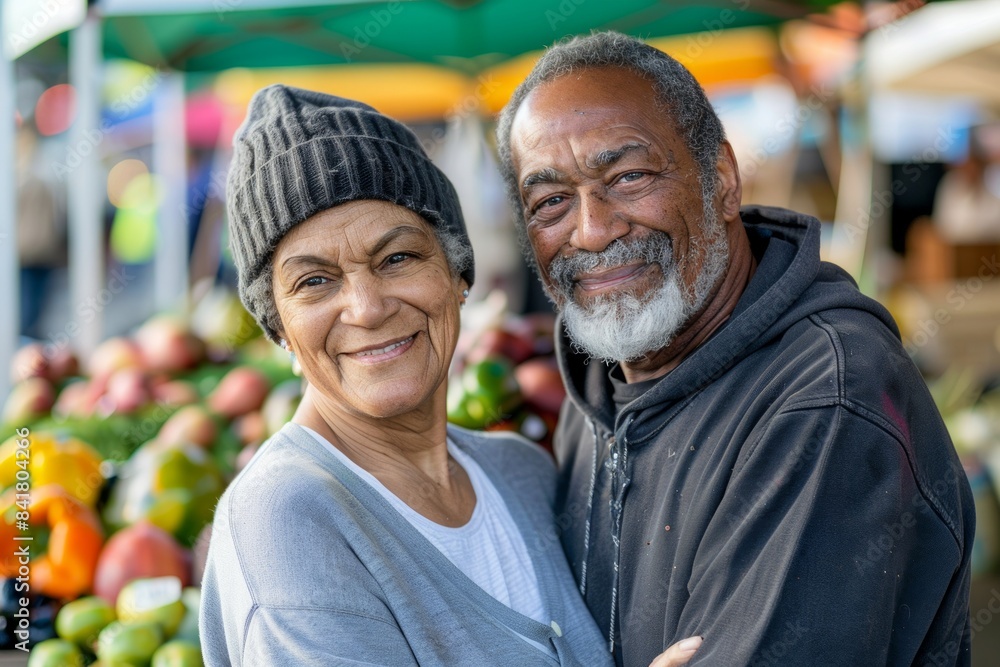 Portrait of a tender mixed race couple in their 60s sporting a comfortable hoodie in front of vibrant farmers market Portrait of a tender mixed race couple in their 60s sporting a comfortable hoodie in front of vibrant farmers market
