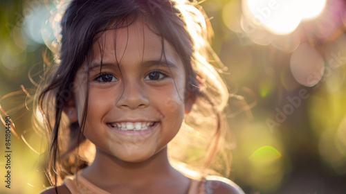 A young girl smiles sweetly in a sunlit scene, with her hair tousled and eyes reflecting pure happiness.
