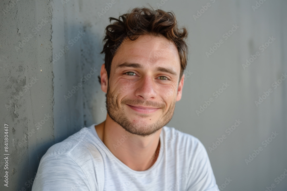 A close up portrait of a young man with a subtle smile A close up portrait of a young man with a subtle smile