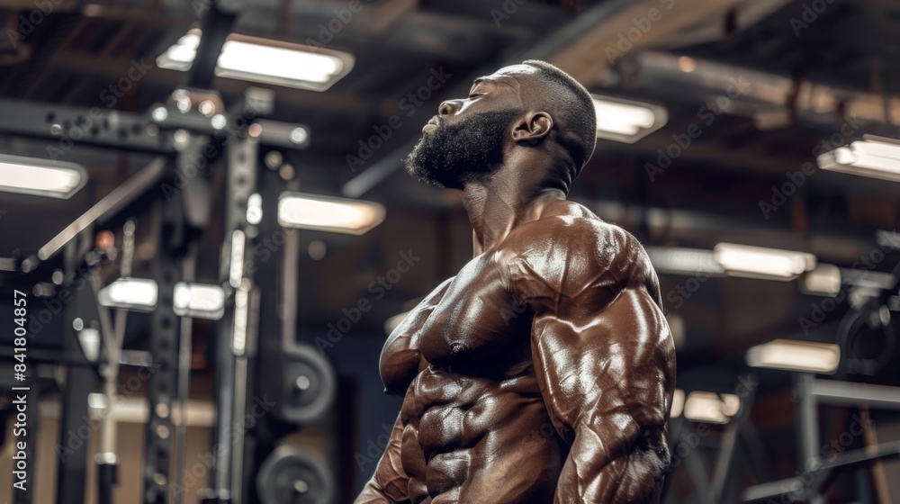 A muscular man poses in a gym, showing off his well-defined physique. A muscular man poses in a gym, showing off his well-defined physique.