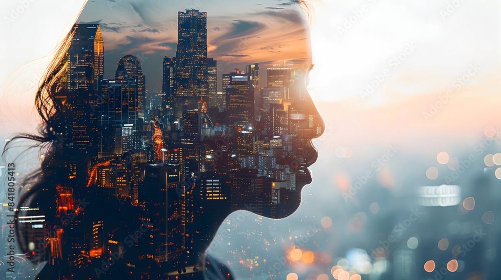 Dreamy Double Exposure of Woman and Cityscape at Sunset Dreamy Double Exposure of Woman and Cityscape at Sunset