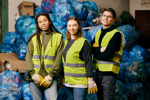 Obraz na plátně Young volunteers in gloves and safety vests stand next to a large pile of plastic bags, sorting waste for recycling