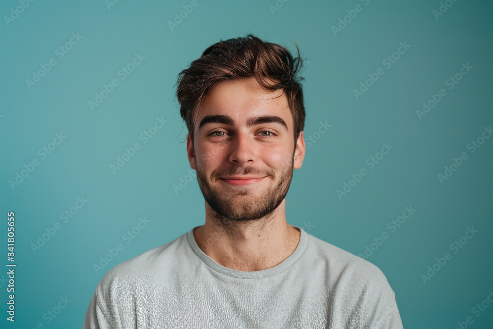 A close up portrait of a young man with a subtle smile