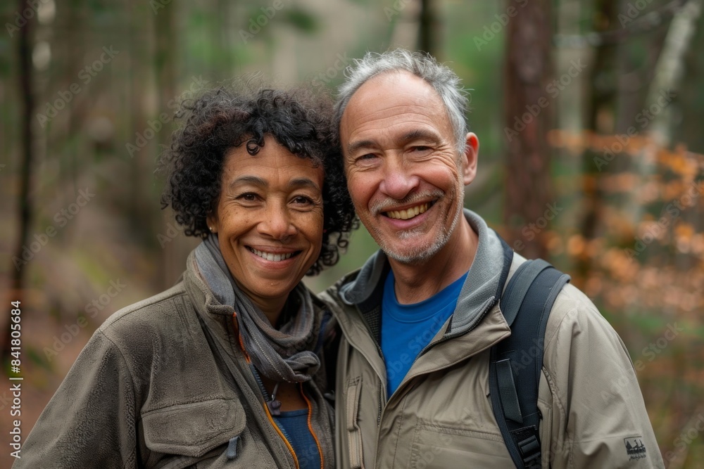 Portrait of a glad mixed race couple in their 60s sporting a technical climbing shirt isolated on backdrop of a mystical forest Portrait of a glad mixed race couple in their 60s sporting a technical climbing shirt isolated on backdrop of a mystical forest