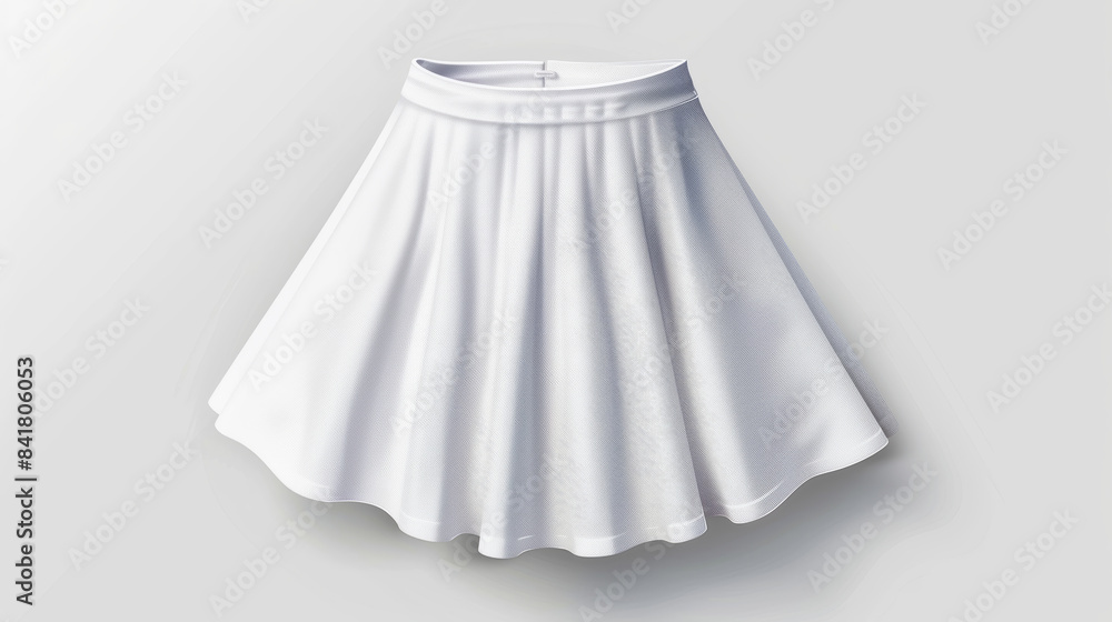 A white flared skirt elegantly displayed against a plain backdrop, showcasing its simplicity and grace. A white flared skirt elegantly displayed against a plain backdrop, showcasing its simplicity and grace.
