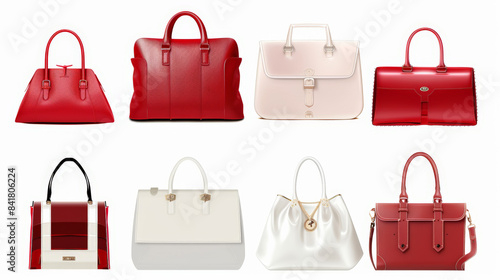 collection of stylish woman handbags, purses