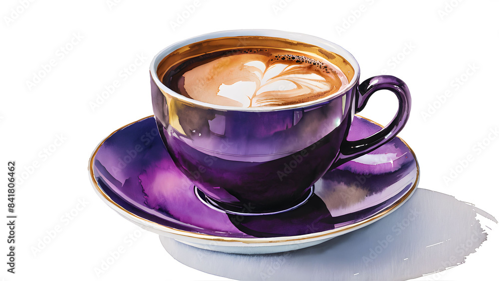 A cup of coffee is sitting on a purple plate A cup of coffee is sitting on a purple plate