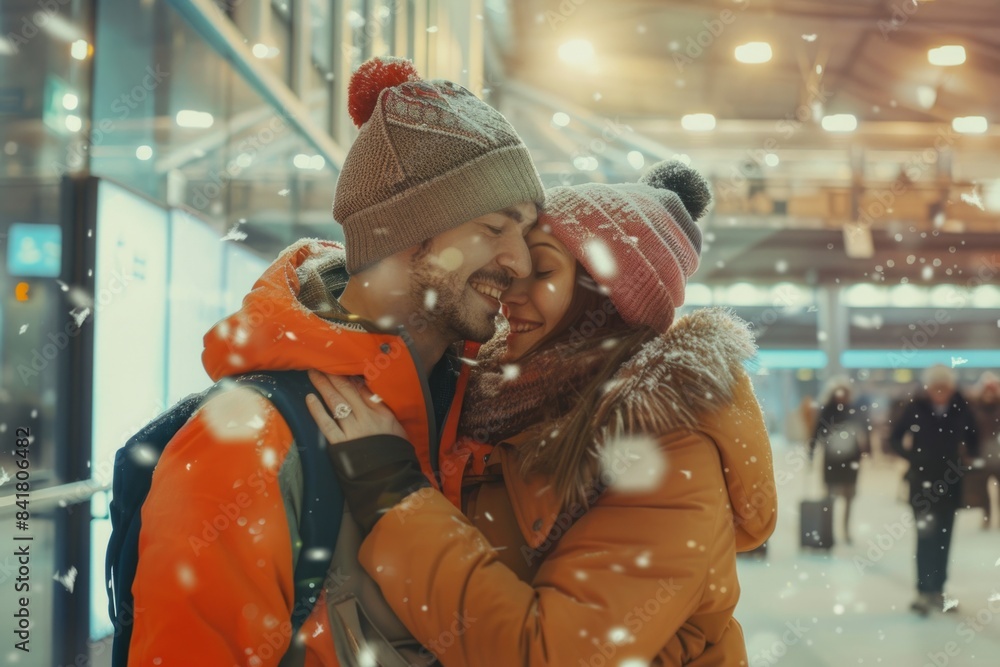 Portrait of a joyful multicultural couple in their 30s dressed in a warm ski hat on bustling airport terminal background Portrait of a joyful multicultural couple in their 30s dressed in a warm ski hat on bustling airport terminal background