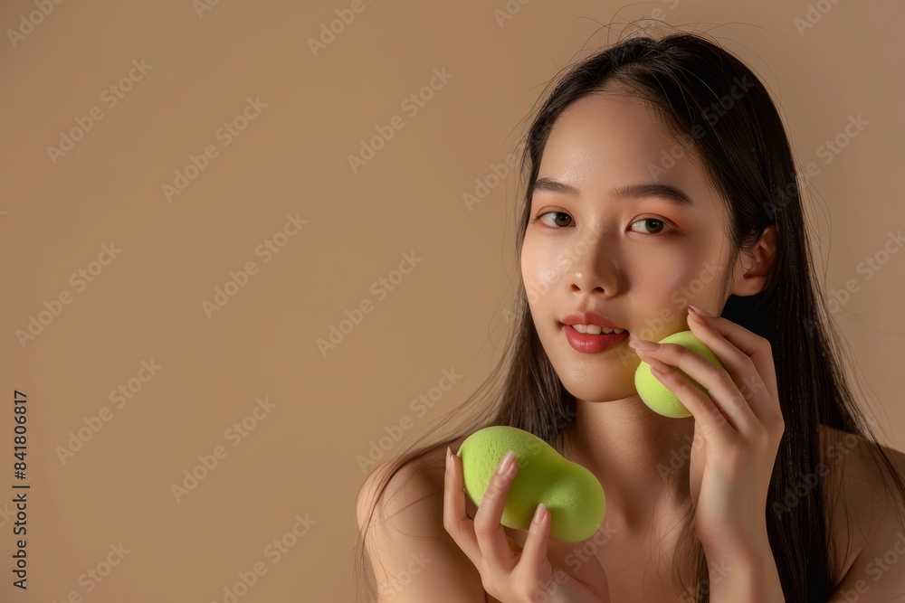 Skincare concept, beauty concept, young beautiful Asian long-haired woman using green beauty products on a beige background, holding a makeup brush and skin cream. Skincare concept, beauty concept, young beautiful Asian long-haired woman using green beauty products on a beige background, holding a makeup brush and skin cream.