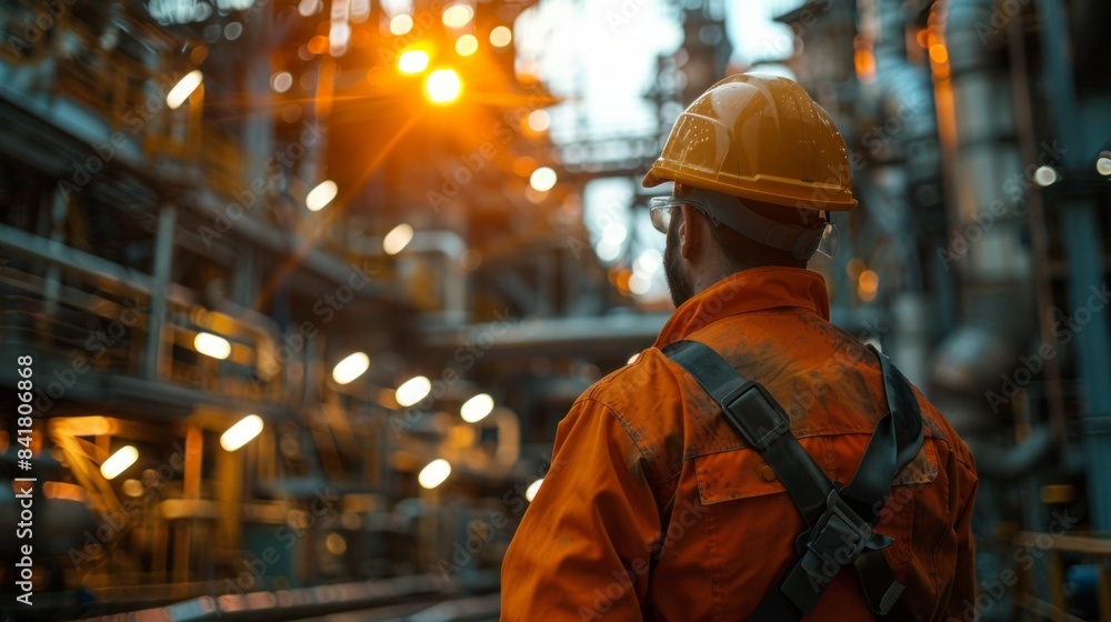 Industrial Worker Overlooking Machinery at Sunset Industrial Worker Overlooking Machinery at Sunset
