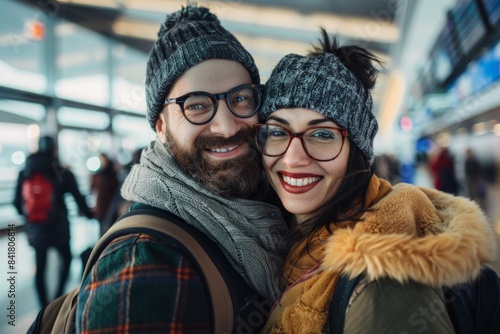 Portrait of a joyful multicultural couple in their 30s dressed in a warm ski hat over bustling airport terminal background