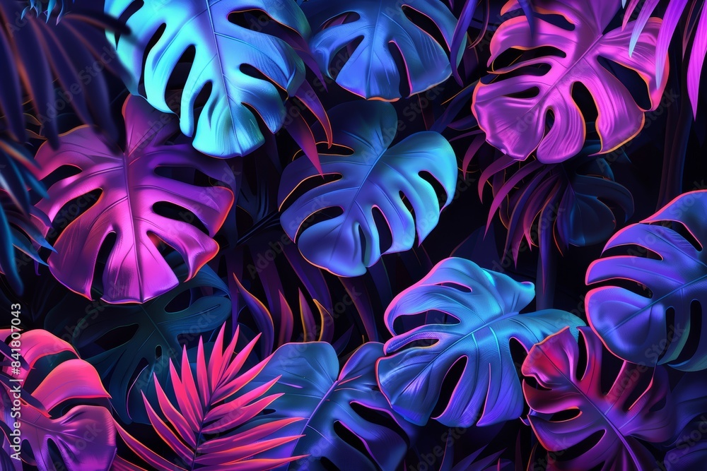 illustration of neon Monstera deliciosa leaves growing in tropical forest for creative design elements illustration of neon Monstera deliciosa leaves growing in tropical forest for creative design elements