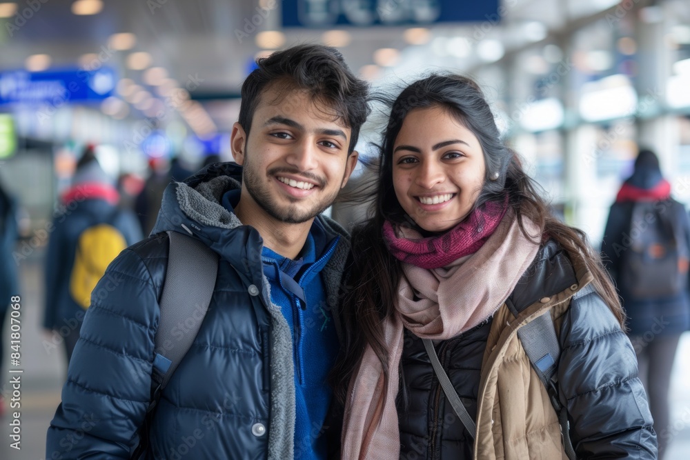 Portrait of a smiling indian couple in their 20s donning a durable down jacket in front of bustling airport terminal Portrait of a smiling indian couple in their 20s donning a durable down jacket in front of bustling airport terminal