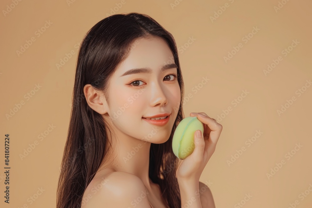 Skincare concept, beauty concept, young beautiful Asian long-haired woman using green beauty products on a beige background, holding a makeup brush and skin cream. Skincare concept, beauty concept, young beautiful Asian long-haired woman using green beauty products on a beige background, holding a makeup brush and skin cream.