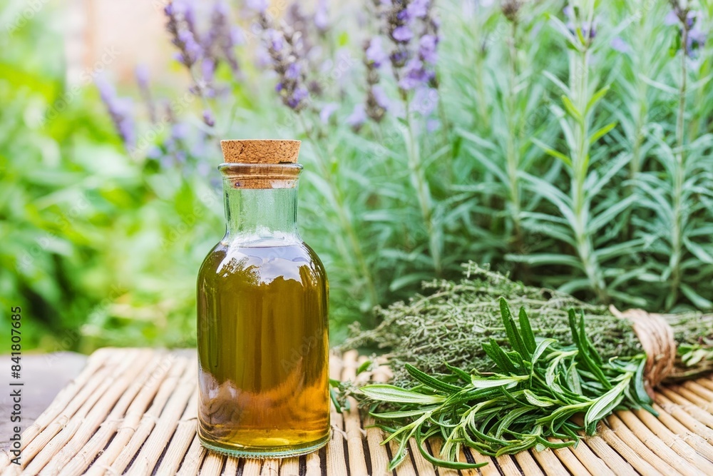 Herbs infused vinegar in bottle. Thieves vinegar, alternative medicine remedy with wormwood, sage, rosemary and lavender. Herbalism concept. Herbs infused vinegar in bottle. Thieves vinegar, alternative medicine remedy with wormwood, sage, rosemary and lavender. Herbalism concept.