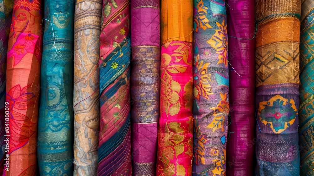 kaleidoscope of indian textiles vivid silk fabric rolls intertwine with vibrant sewing threads abstract photography kaleidoscope of indian textiles vivid silk fabric rolls intertwine with vibrant sewing threads abstract photography