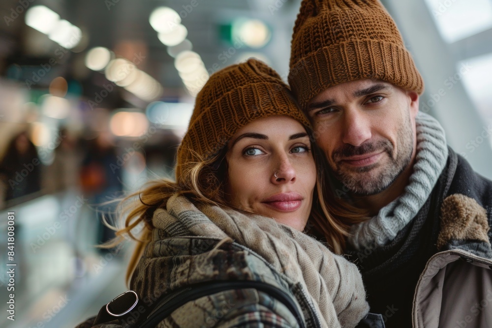Portrait of a tender multicultural couple in their 30s donning a warm wool beanie in front of bustling airport terminal Portrait of a tender multicultural couple in their 30s donning a warm wool beanie in front of bustling airport terminal