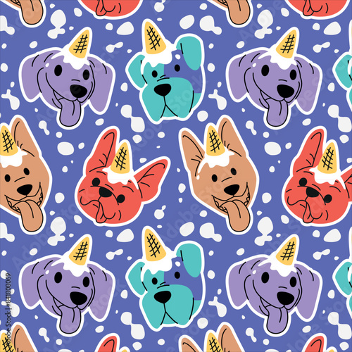 CUTE COLORFUL DOGS HEAD WITH AN ICE CREAM ON HEAD PATTERN