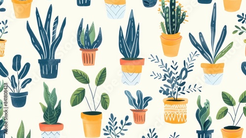 A charming 2d illustration of hand drawn houseplants in flower pots and planters creating a seamless pattern background Ideal for designing textiles fabric or wrapping paper photo