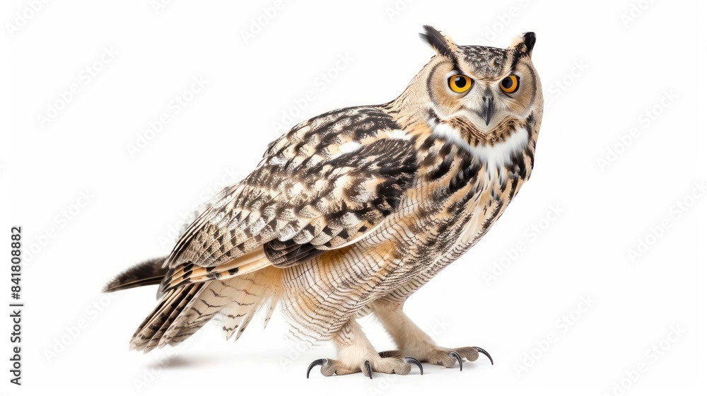 Naklejka premium Eurasian Eagle-owl full body clearly photo on white background ,