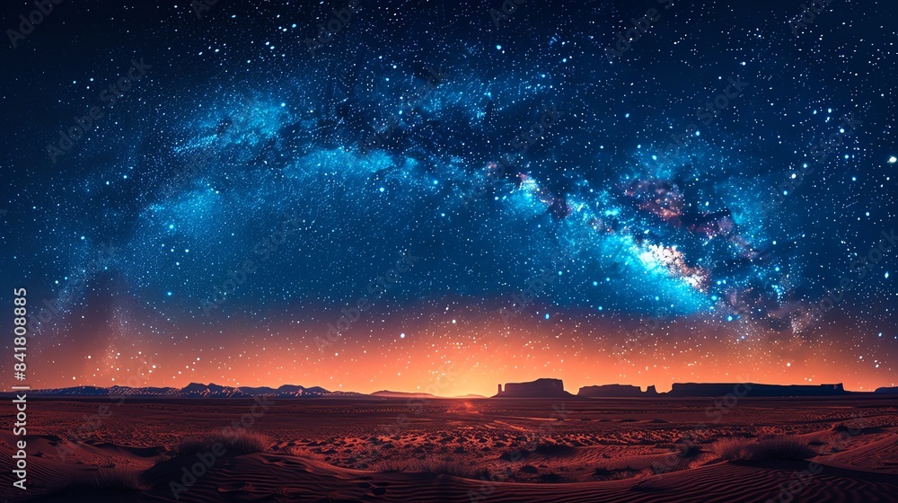 The Milky Way stretches across the sky above a vast desert landscape The Milky Way stretches across the sky above a vast desert landscape