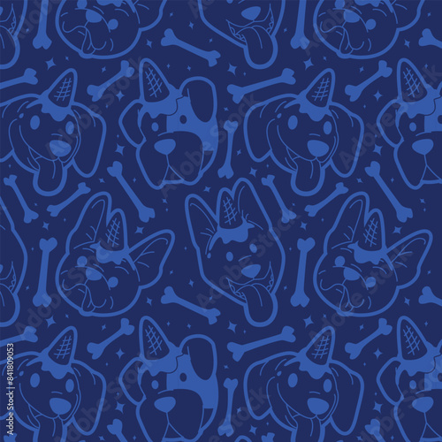 CUTE DOGGIE HEAD WITH AN ICE CREAM ON HEAD IN BLUE BACKGROUND PATTERN